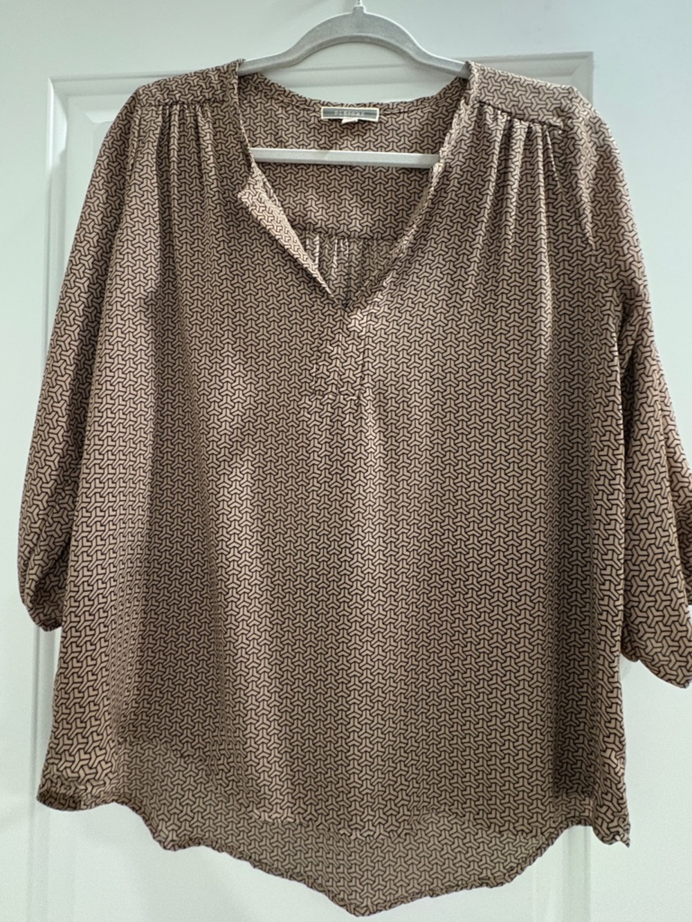 Pleione Brown Geometric V-Neck Blouse